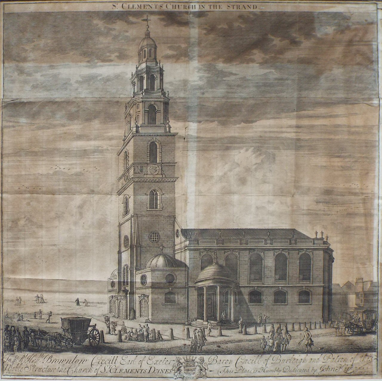 Print - St. Clements Church in the Strand. To the Right Hon.ble John Coecill Earl of Exeter Baron Coecill of Burleigh and Patron of this Noble Structure the Church of St. Clements Danes This Plate is Humbly Dedicated by John Kip - Kip